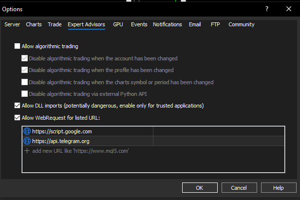 MT5 Allow WebRequest Settings